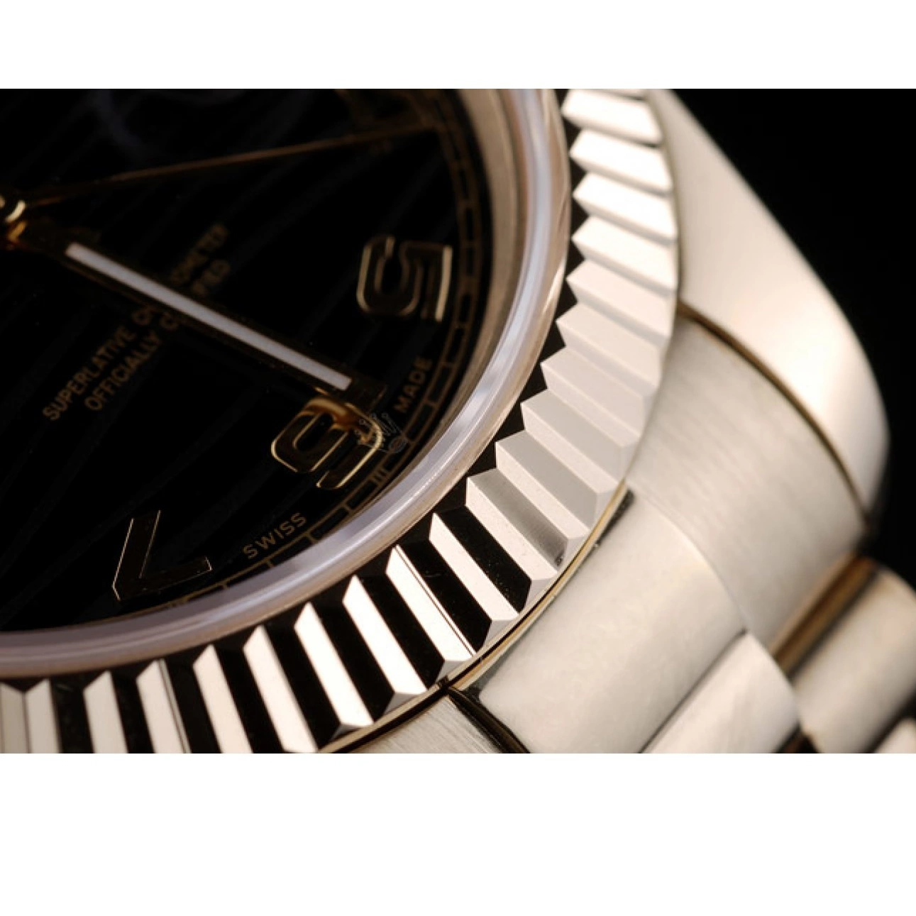 Best AAA Replica Sites DayDate Gold Swiss Bezel 41998 Rolex Steel Black Ribbed Dial Stainless 0717